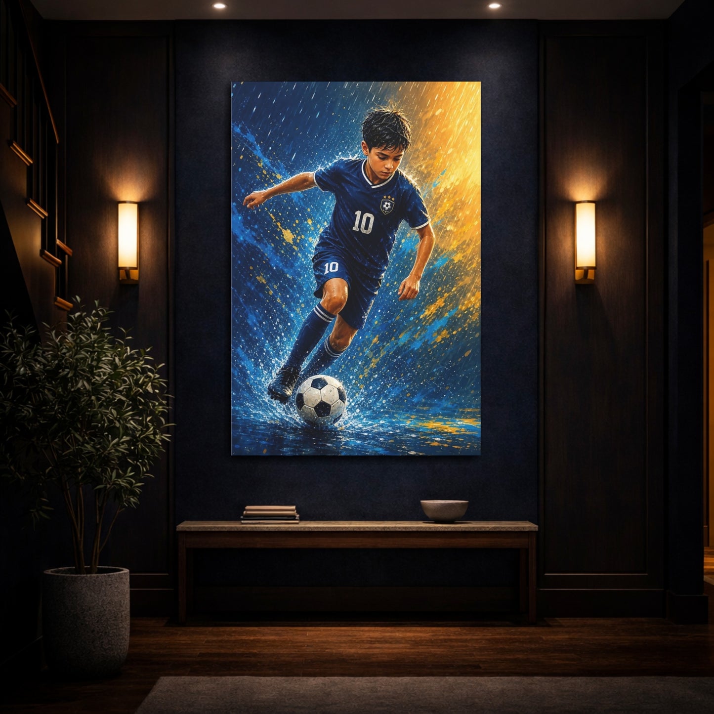 Mockup 4. Rainy Soccer Star shown as canvas print