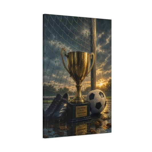 Main Mockup. Rainy Soccer Victory shown as canvas print