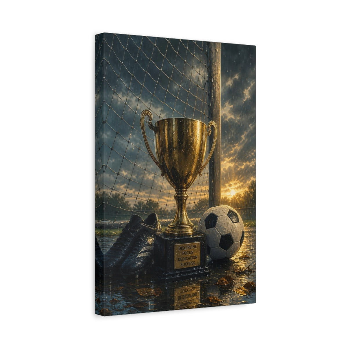 Side Mockup 4. Rainy Soccer Victory shown as canvas print