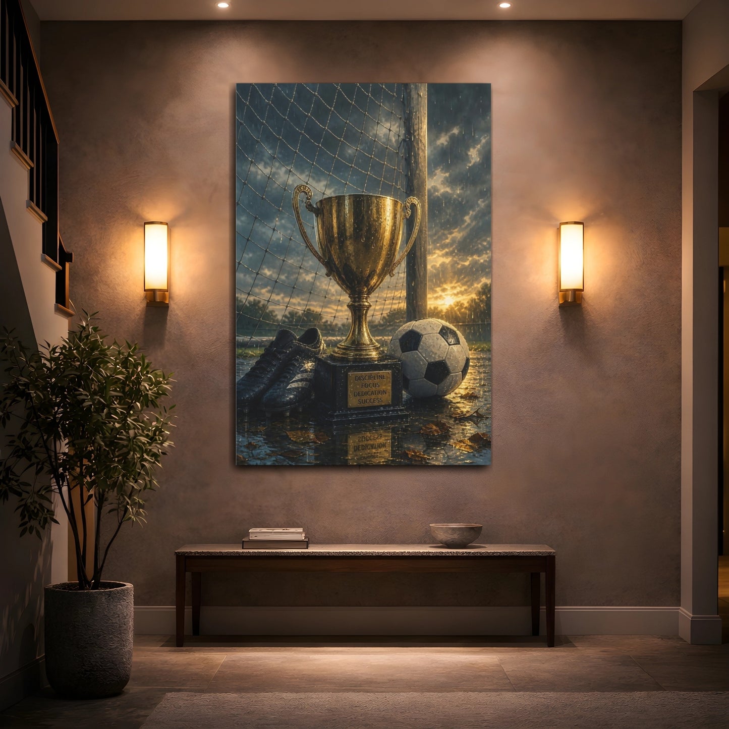 Mockup 2. Rainy Soccer Victory shown as canvas print