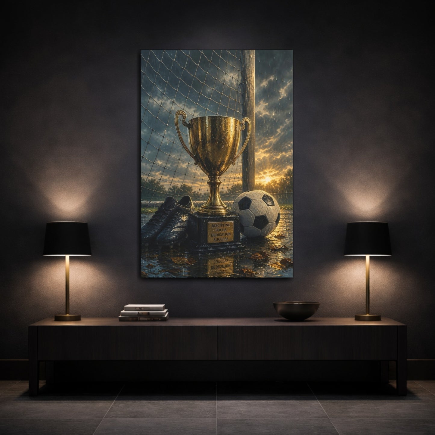 Mockup 3. Rainy Soccer Victory shown as canvas print