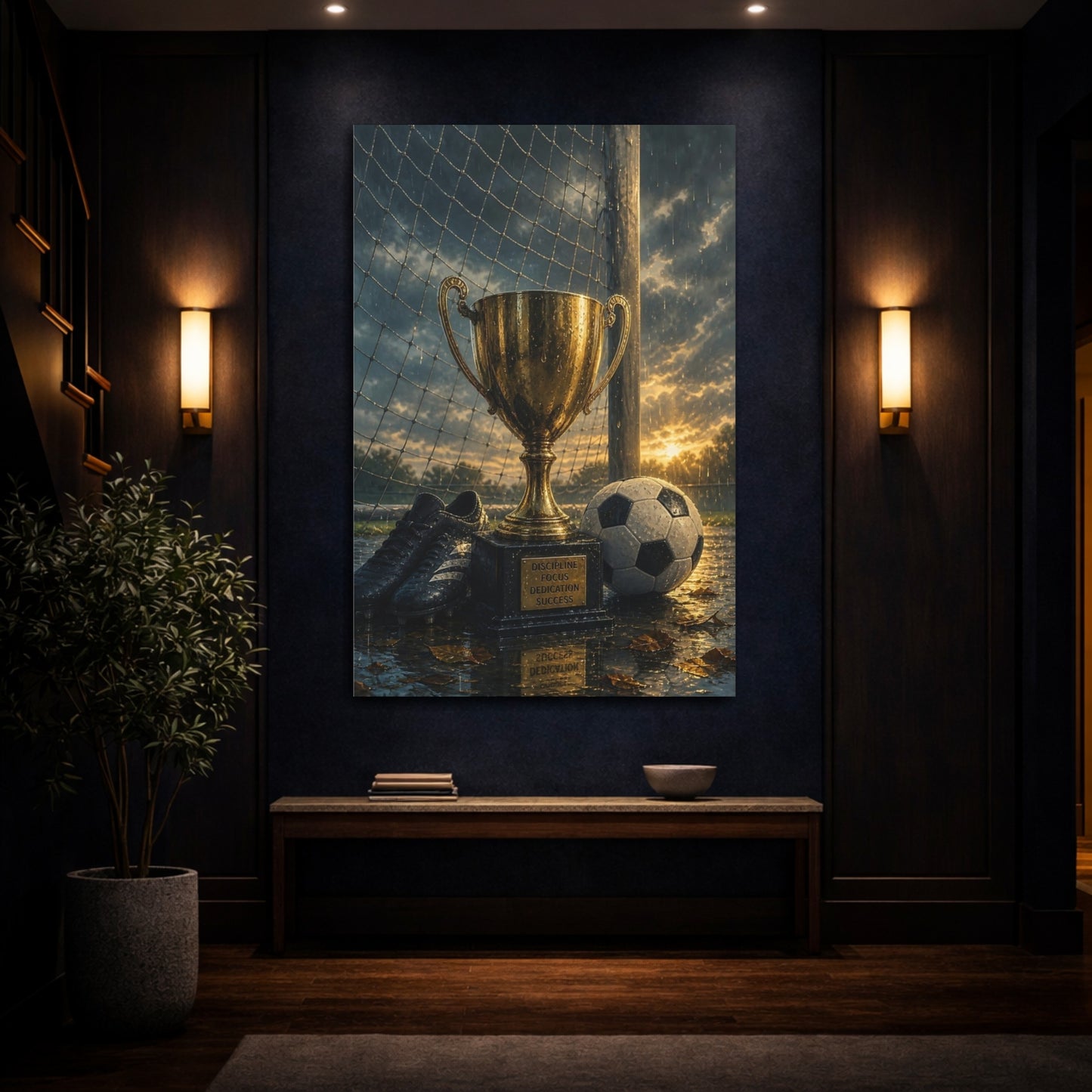 Mockup 4. Rainy Soccer Victory shown as canvas print
