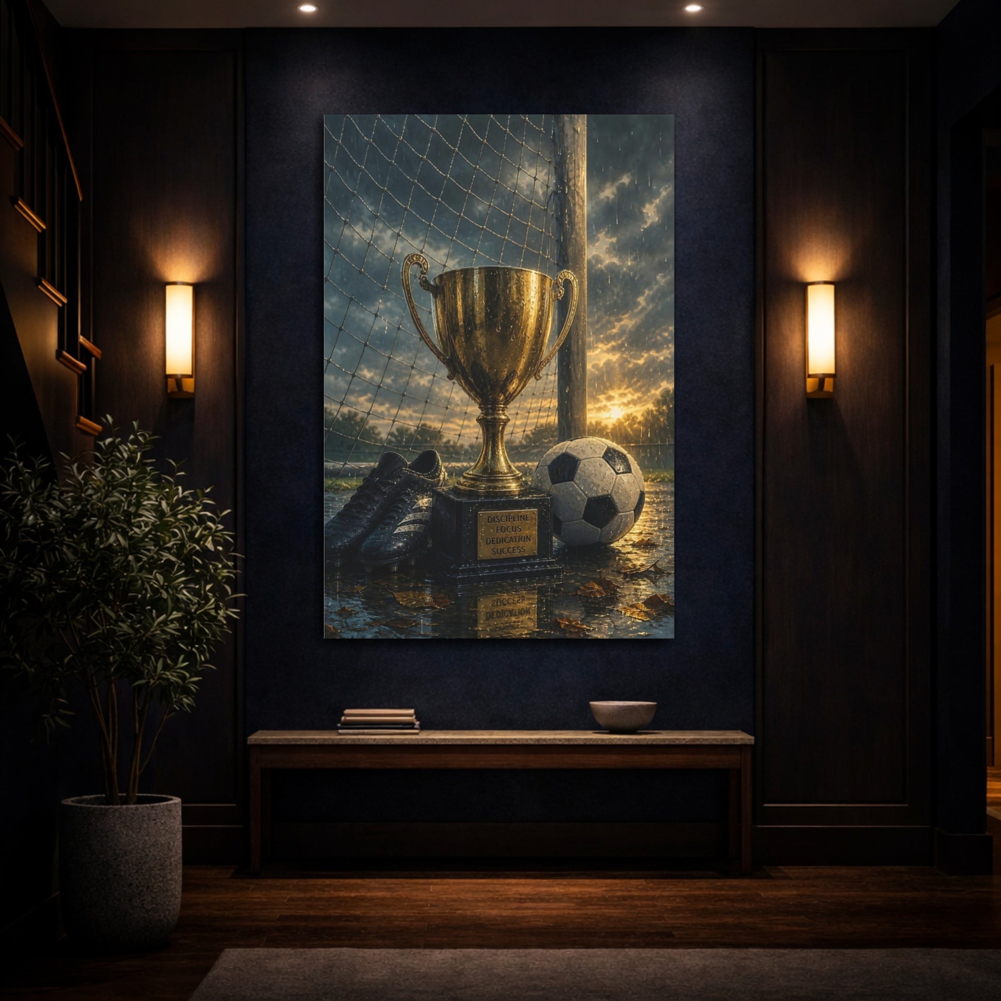 Mockup 4. Rainy Soccer Victory shown as canvas print