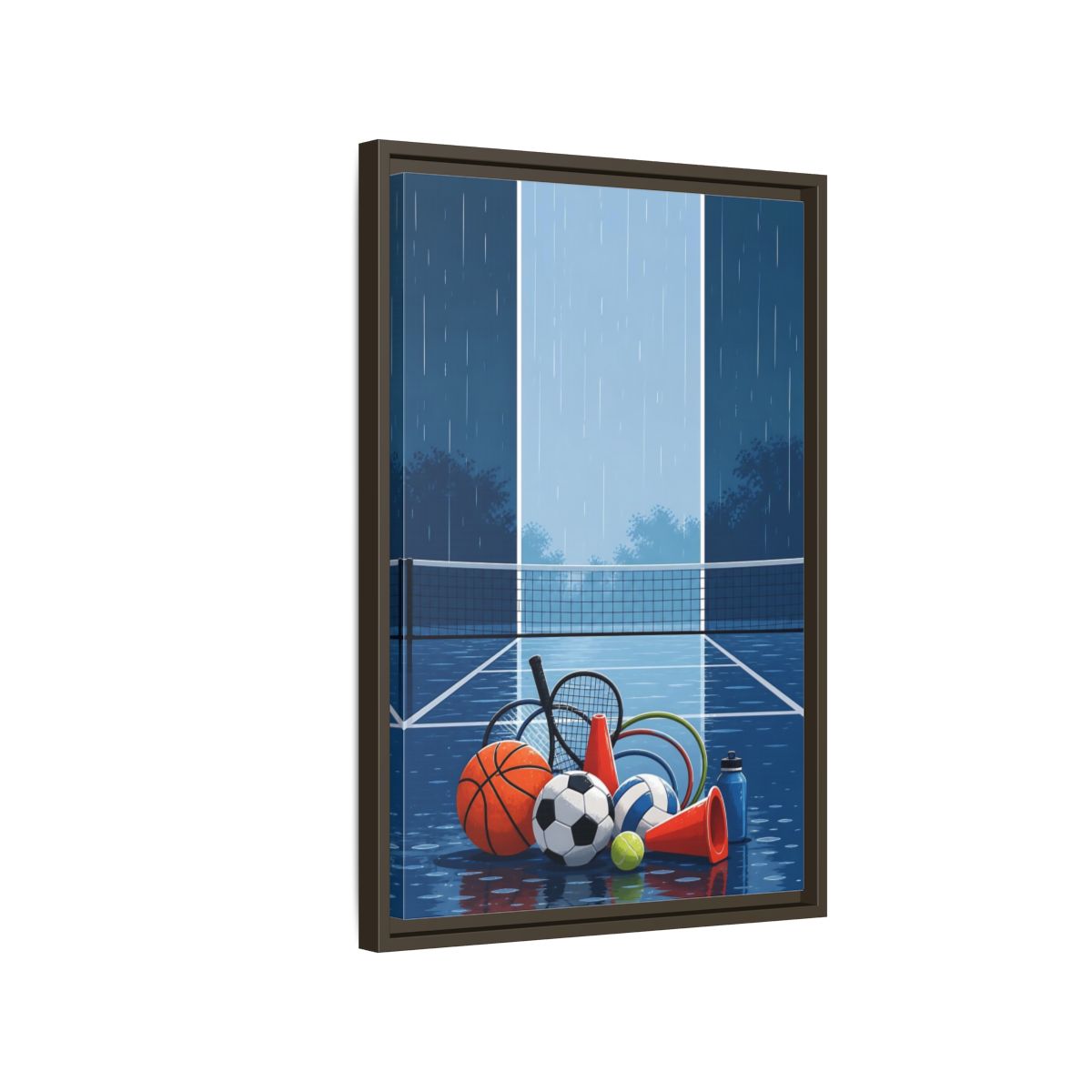 Side Mockup 2. Rainy Sports Gear shown as framed canvas print