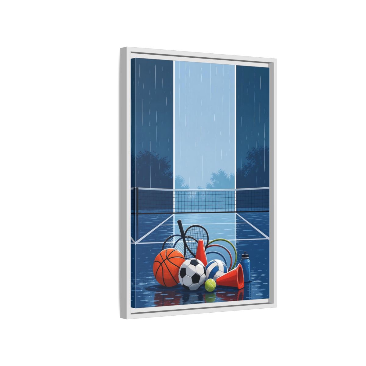 Side Mockup 1. Rainy Sports Gear shown as framed canvas print