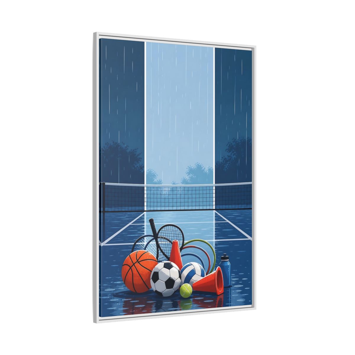Side Mockup 7. Rainy Sports Gear shown as framed canvas print