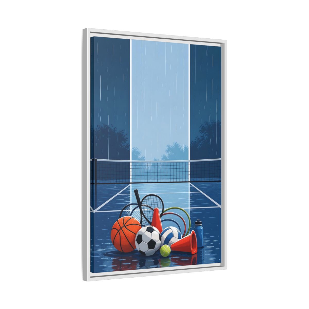 Side Mockup 10. Rainy Sports Gear shown as framed canvas print