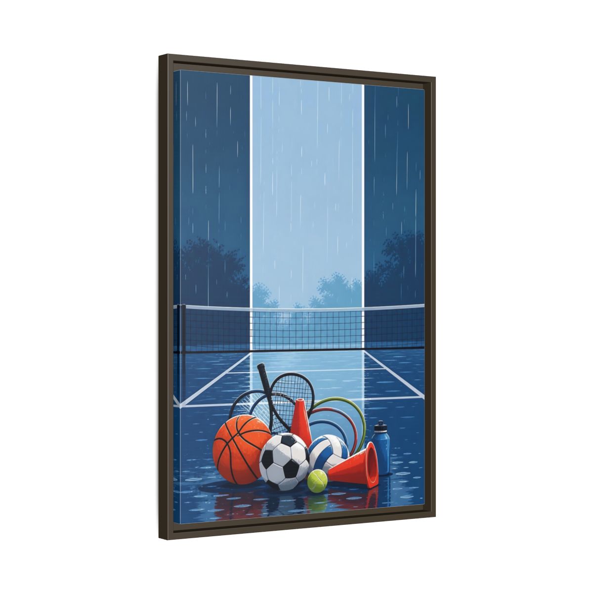 Side Mockup 11. Rainy Sports Gear shown as framed canvas print