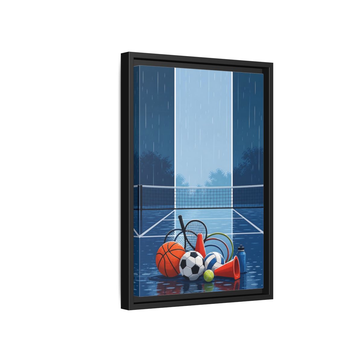 Side Mockup 6. Rainy Sports Gear shown as framed canvas print