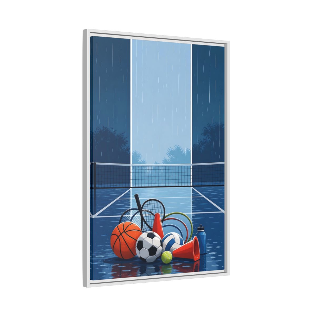 Side Mockup 9. Rainy Sports Gear shown as framed canvas print
