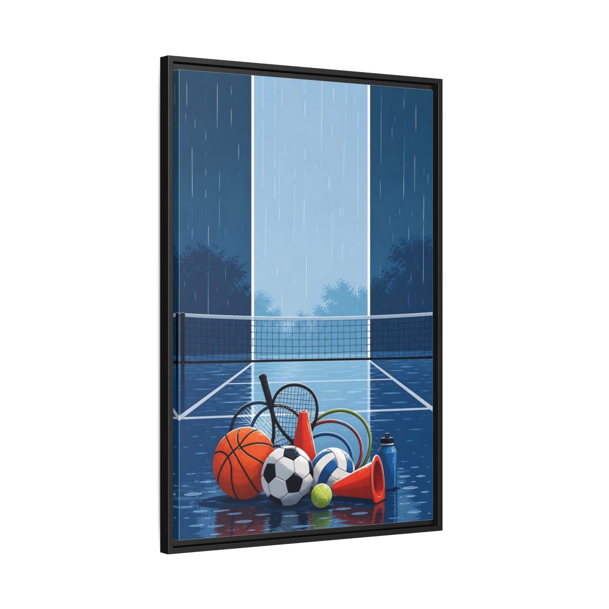 Side Mockup 13. Rainy Sports Gear shown as framed canvas print