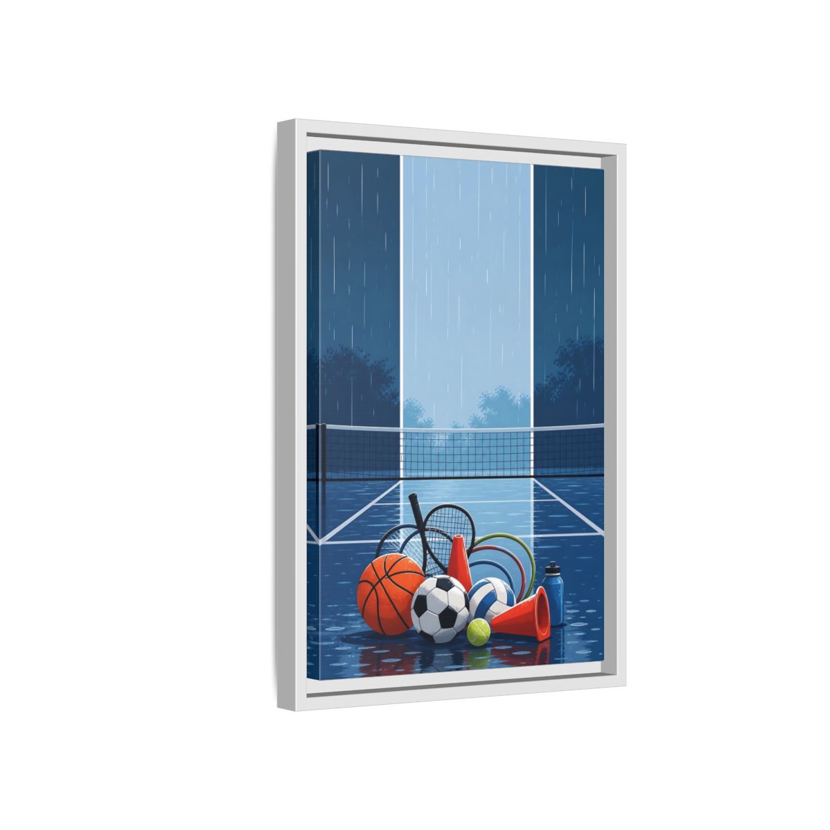 Side Mockup 4. Rainy Sports Gear shown as framed canvas print