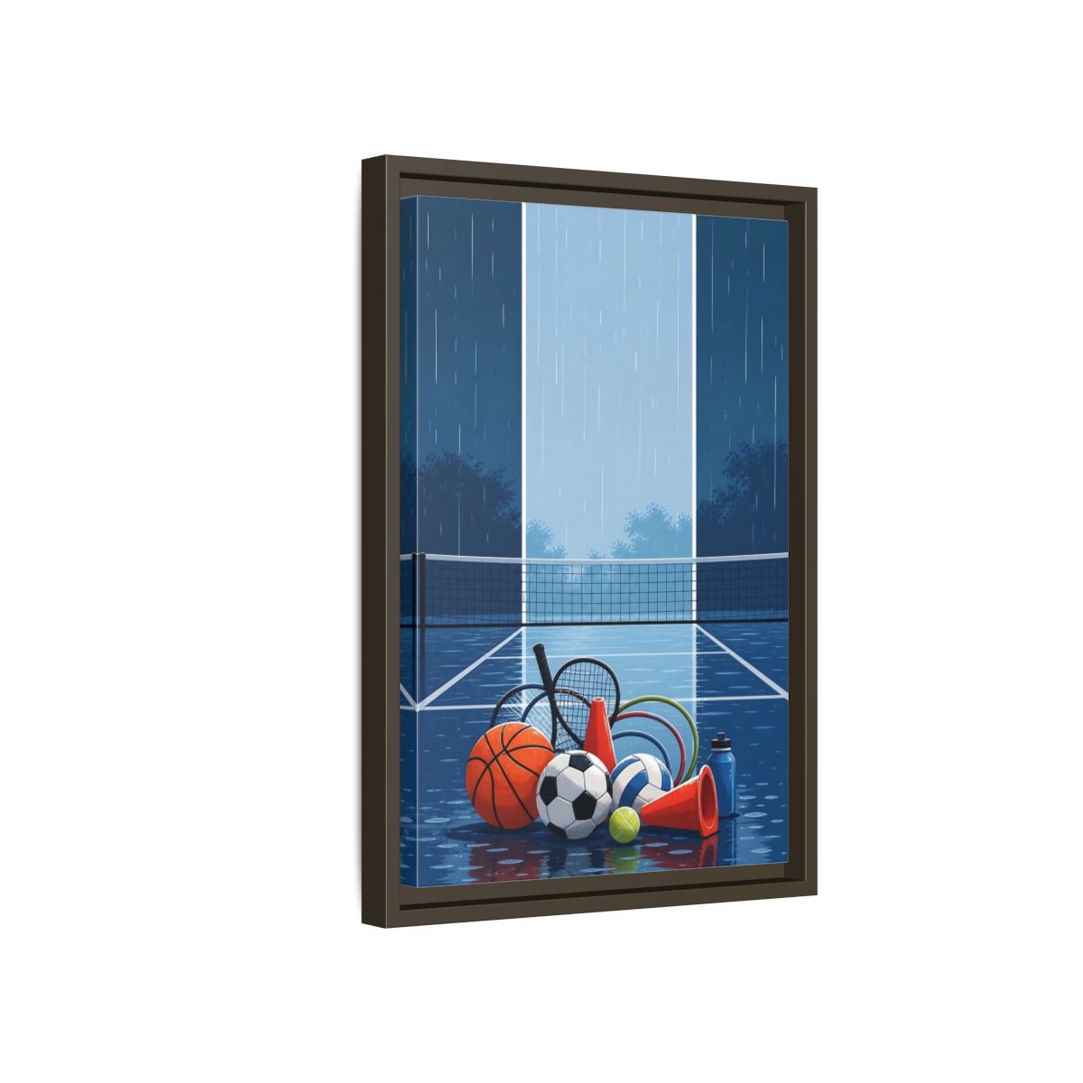 Side Mockup 5. Rainy Sports Gear shown as framed canvas print