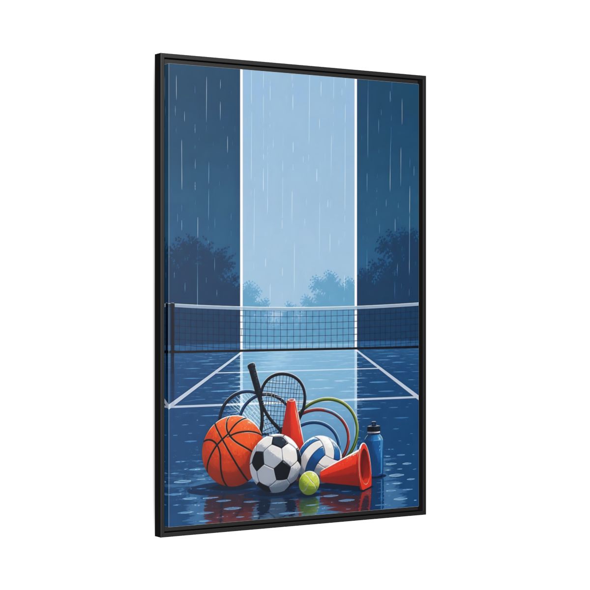 Side Mockup 12. Rainy Sports Gear shown as framed canvas print