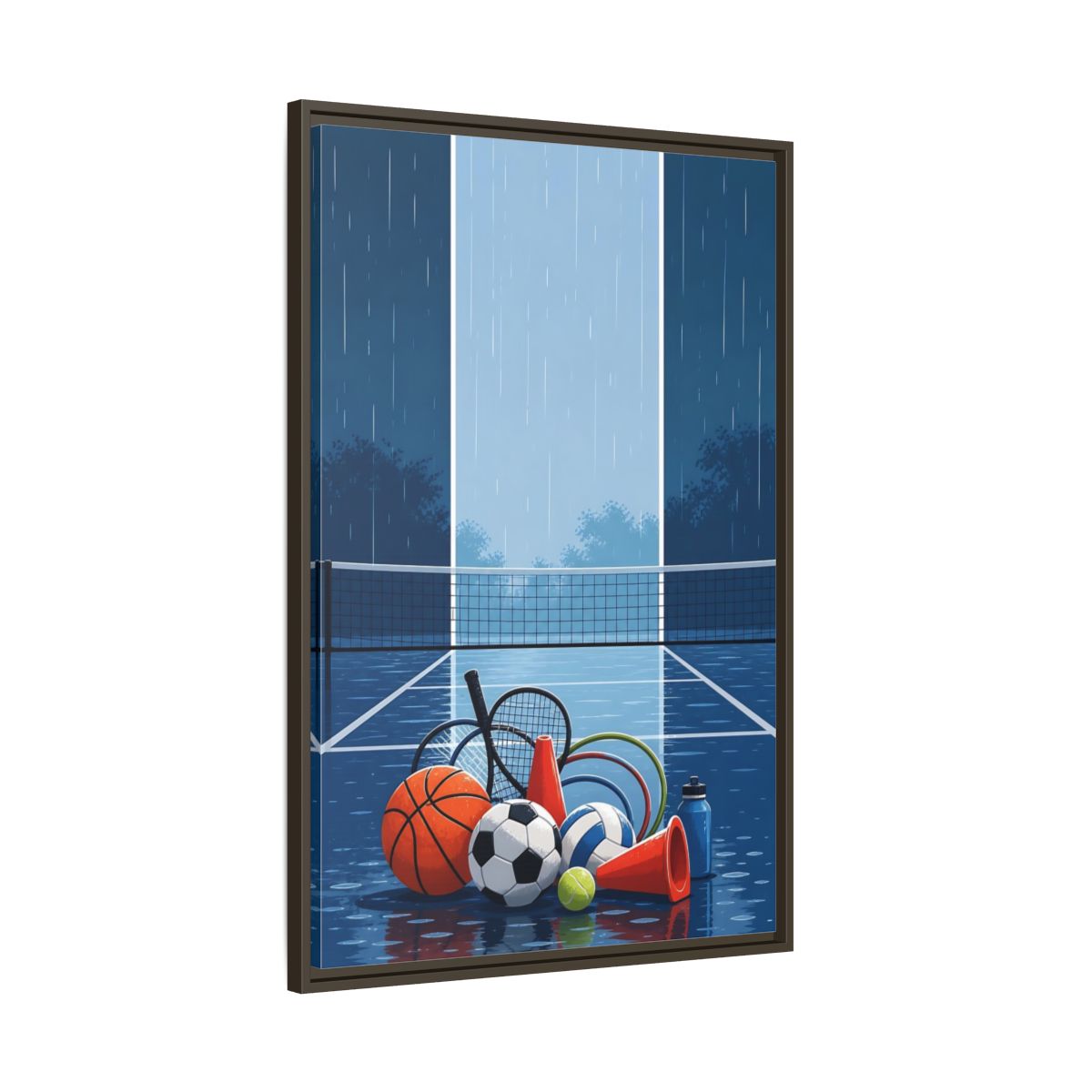 Main Mockup. Rainy Sports Gear shown as framed canvas print