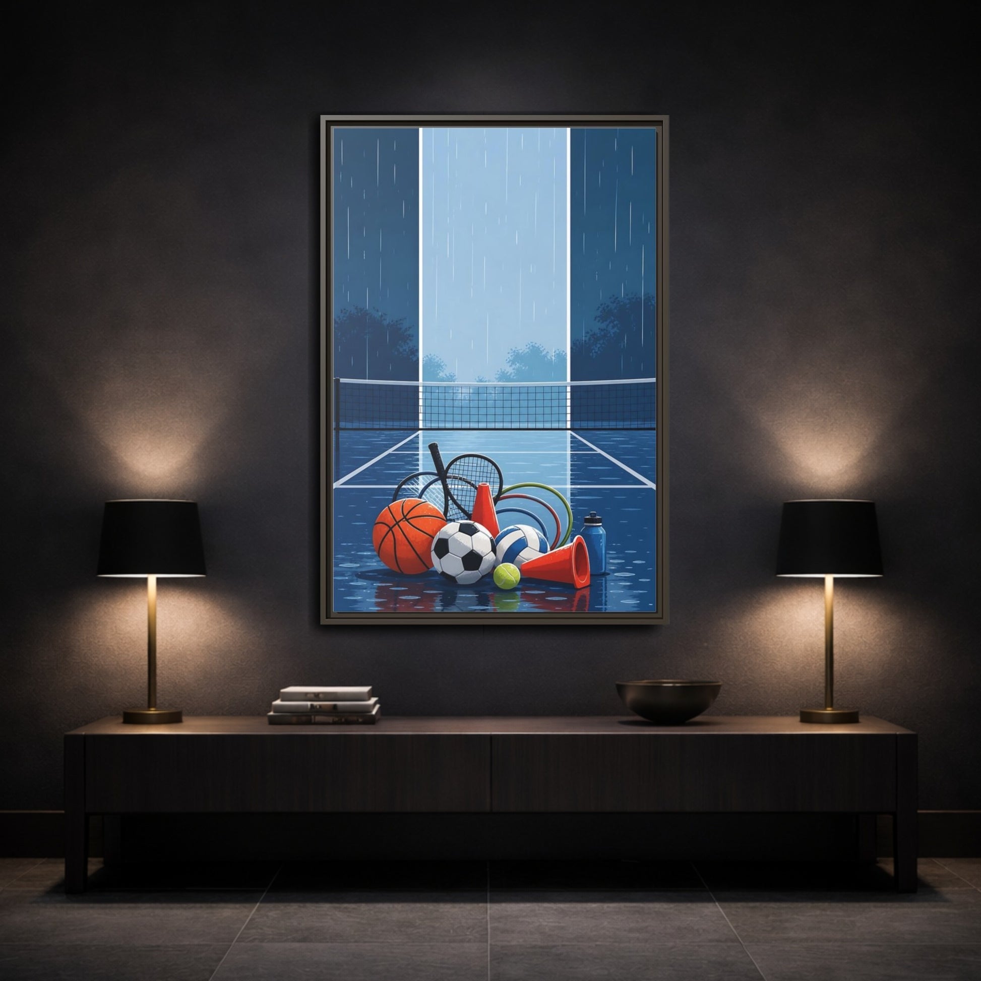 Mockup 3. Rainy Sports Gear shown as framed canvas print