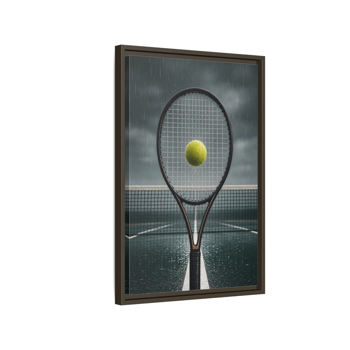 Side Mockup 2. Rainy Tennis Moment shown as framed canvas print