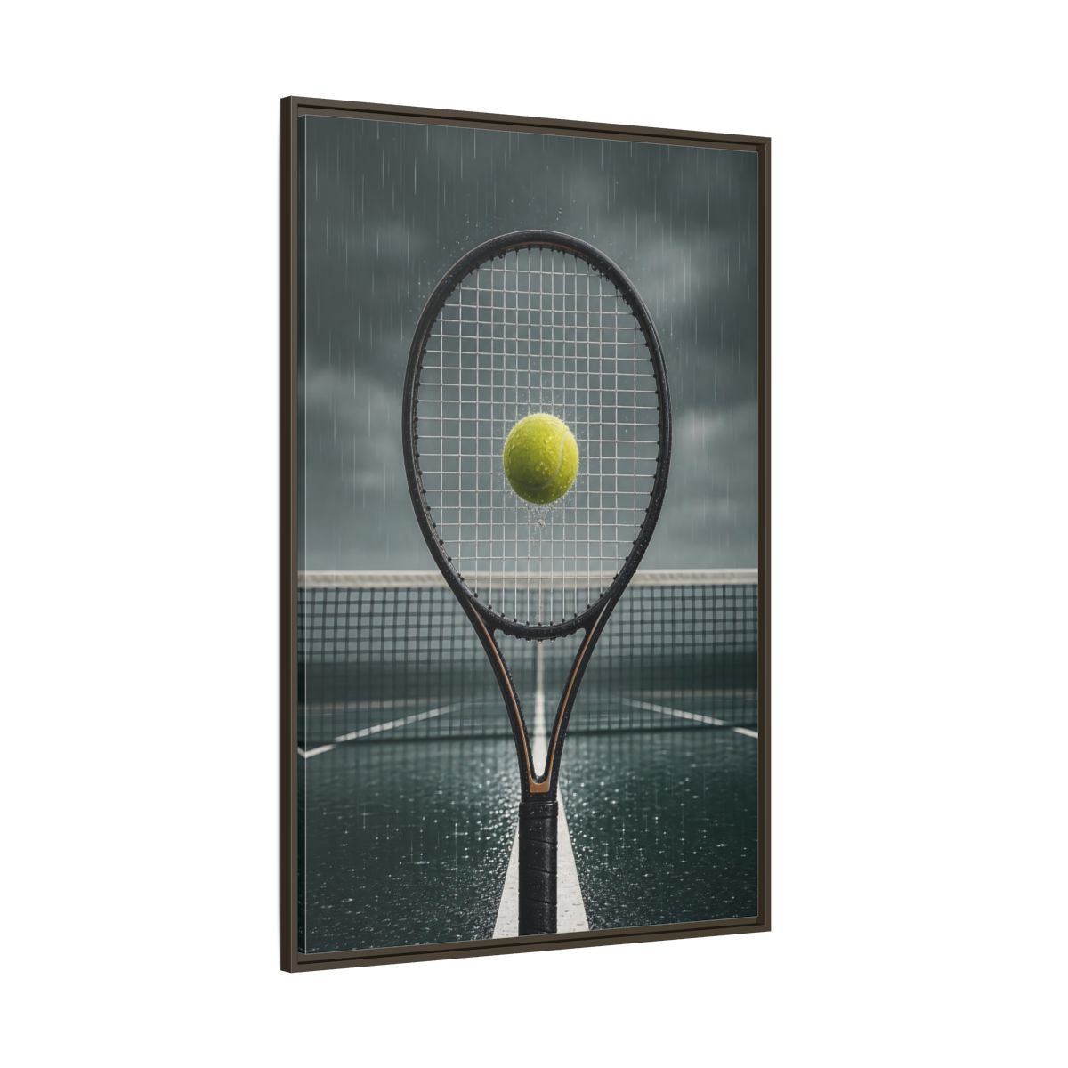 Side Mockup 8. Rainy Tennis Moment shown as framed canvas print