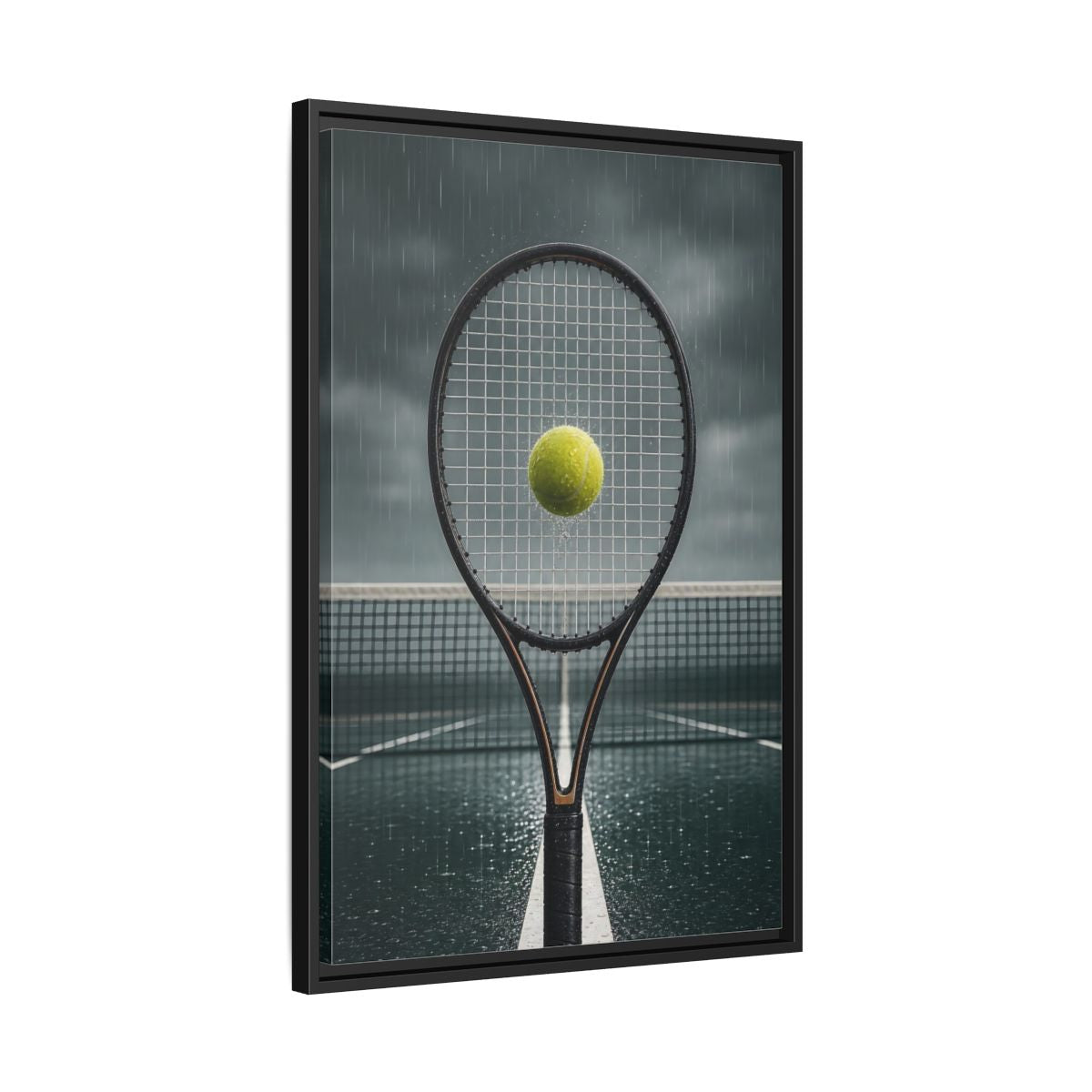 Side Mockup 14. Rainy Tennis Moment shown as framed canvas print