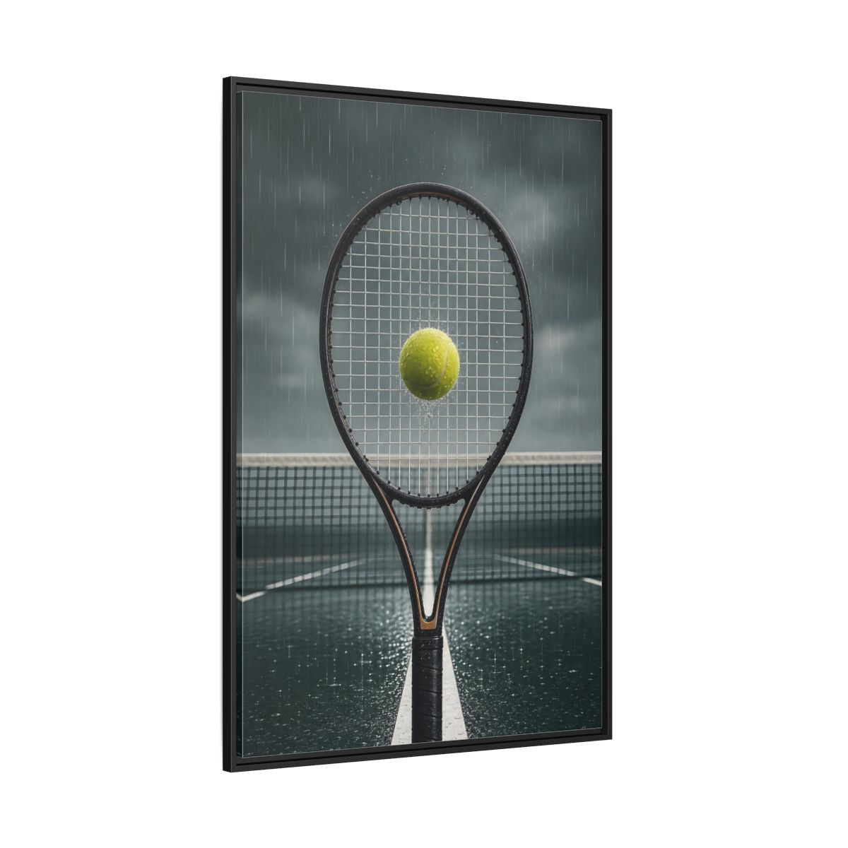 Side Mockup 12. Rainy Tennis Moment shown as framed canvas print