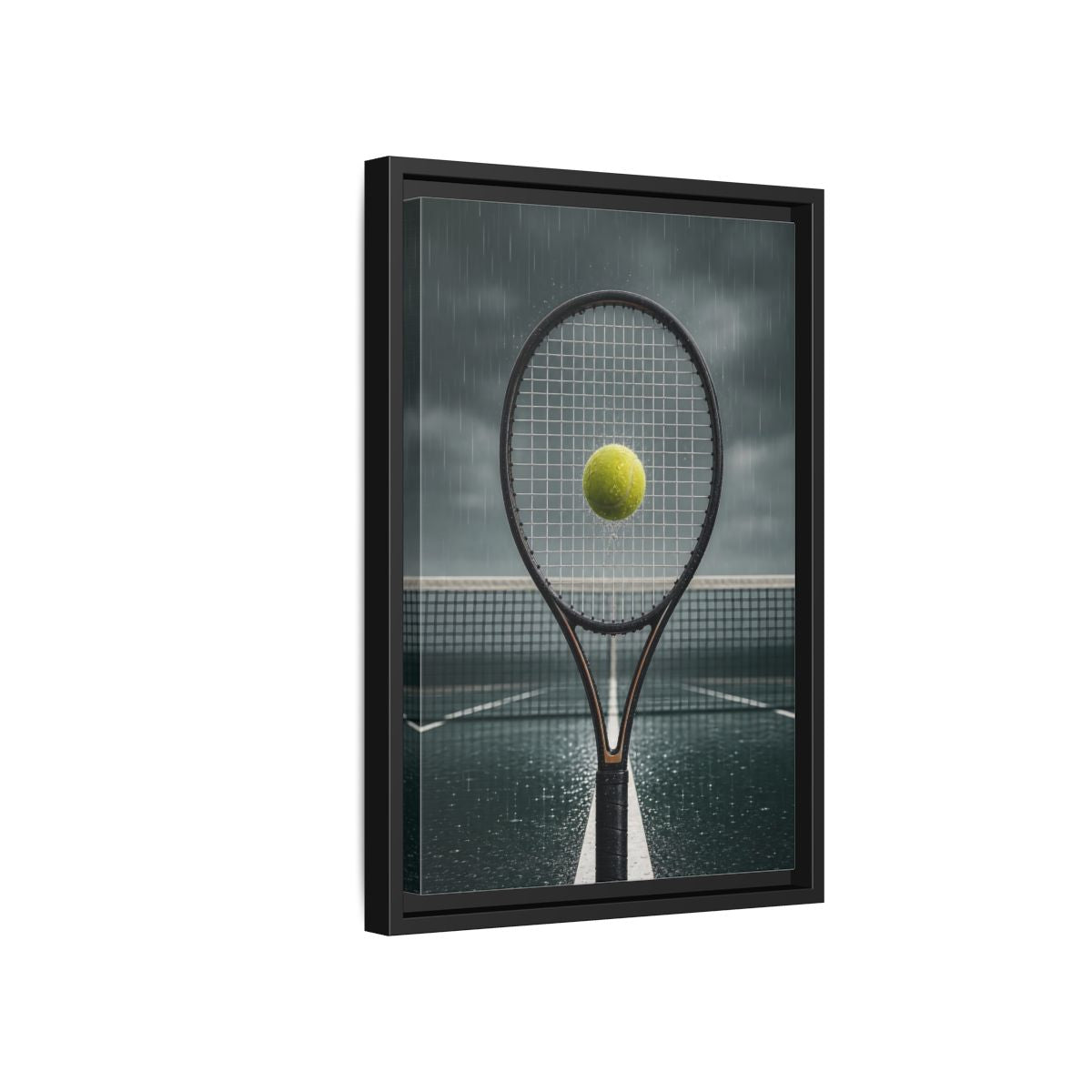 Side Mockup 6. Rainy Tennis Moment shown as framed canvas print