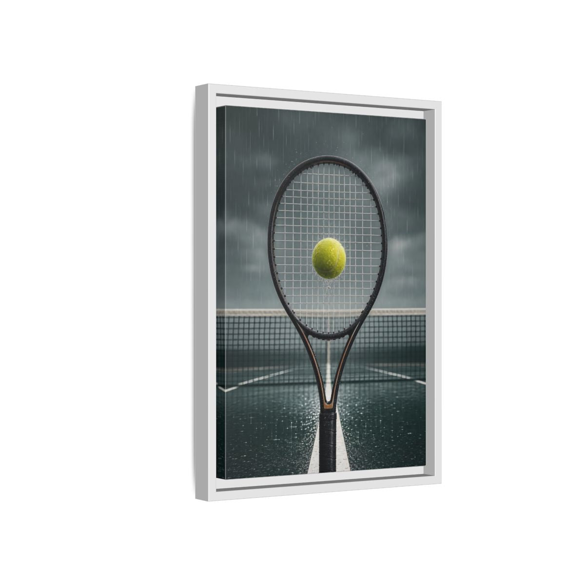 Side Mockup 4. Rainy Tennis Moment shown as framed canvas print