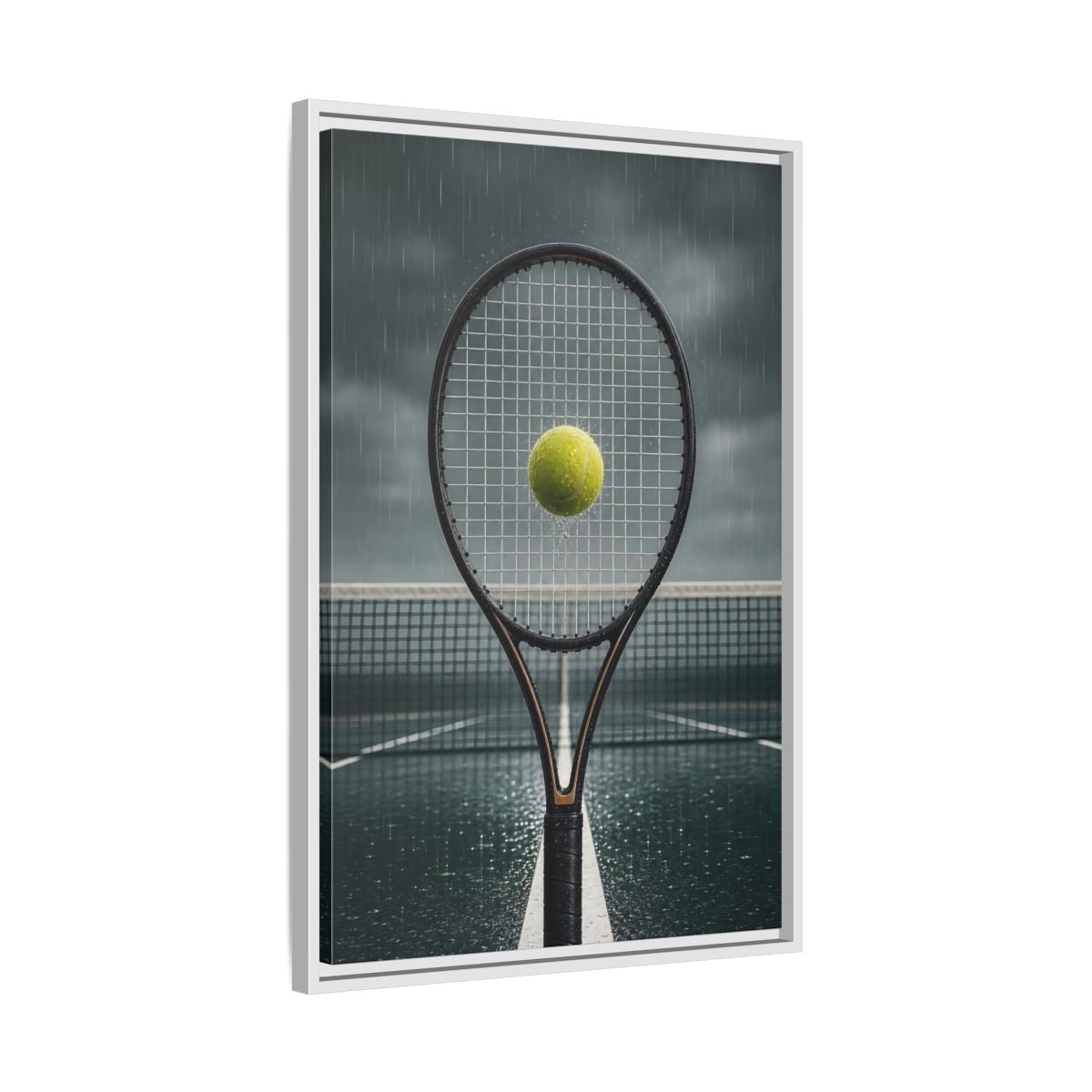 Side Mockup 10. Rainy Tennis Moment shown as framed canvas print