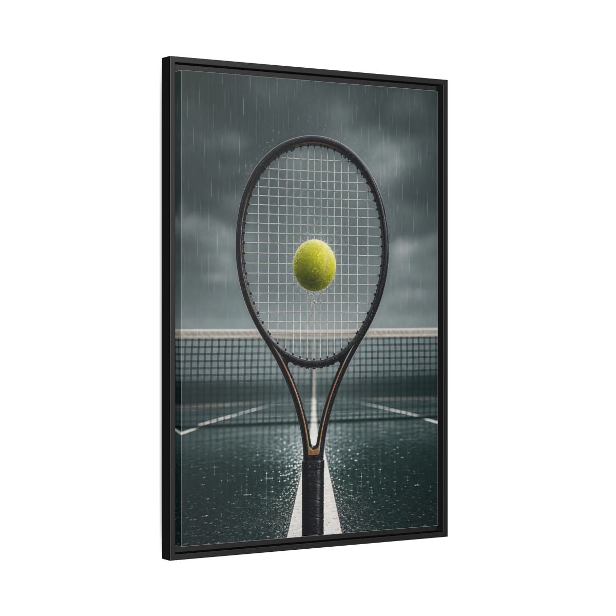 Side Mockup 13. Rainy Tennis Moment shown as framed canvas print