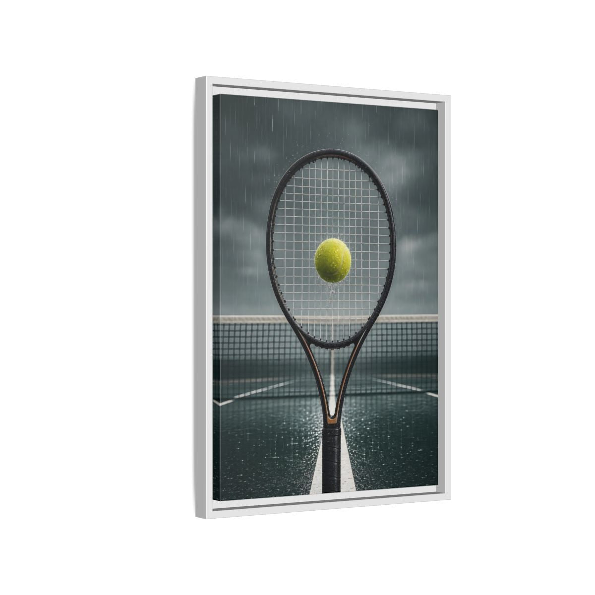 Side Mockup 1. Rainy Tennis Moment shown as framed canvas print