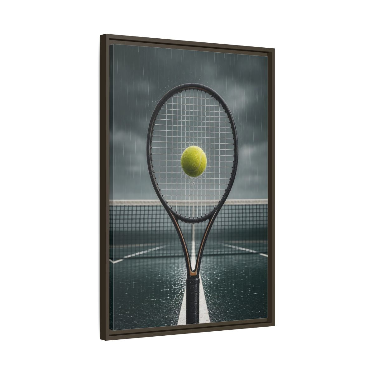 Side Mockup 11. Rainy Tennis Moment shown as framed canvas print