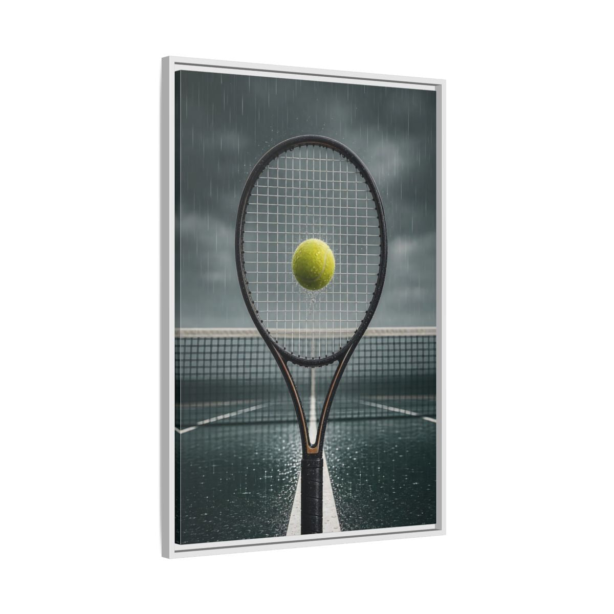 Side Mockup 9. Rainy Tennis Moment shown as framed canvas print