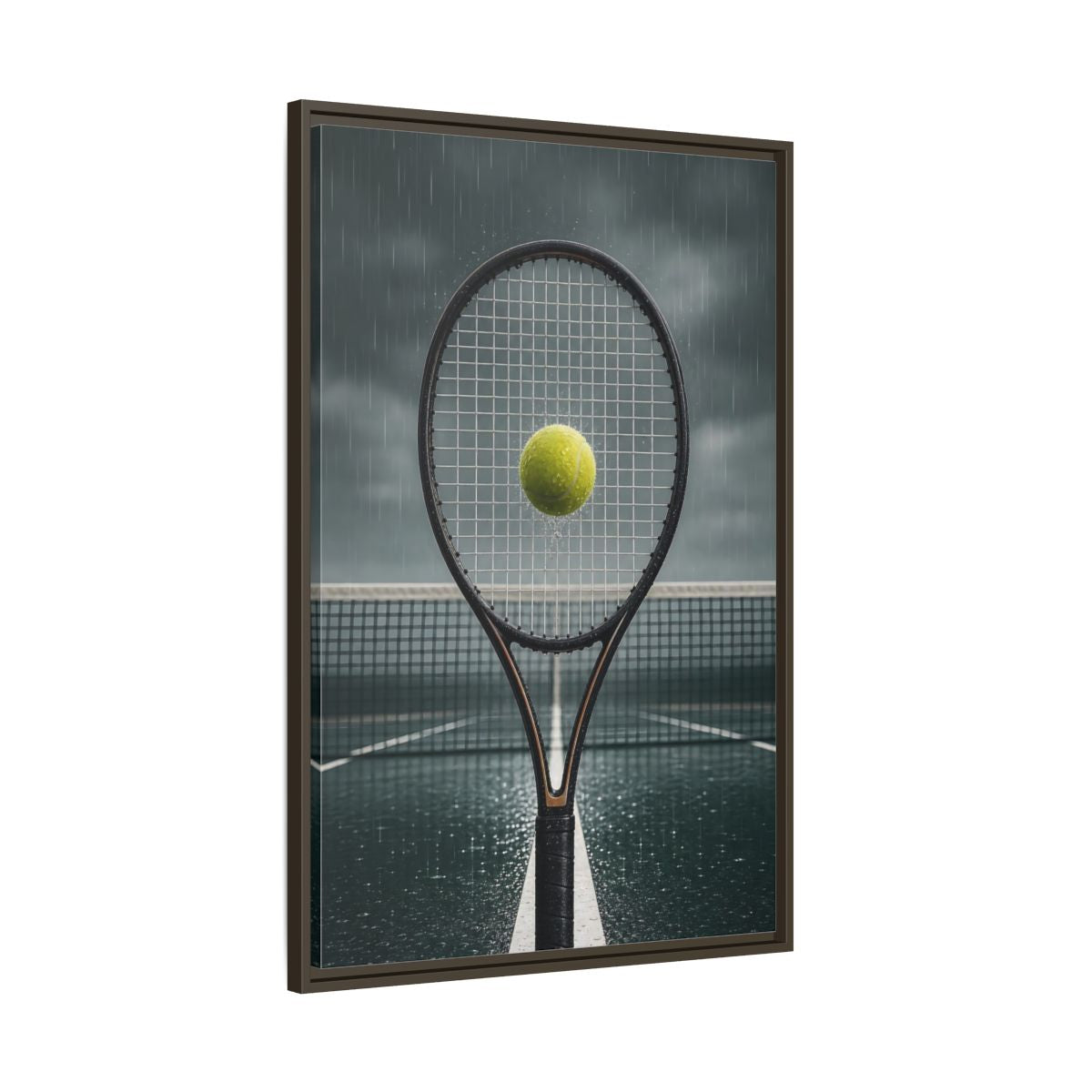 Main Mockup. Rainy Tennis Moment shown as framed canvas print