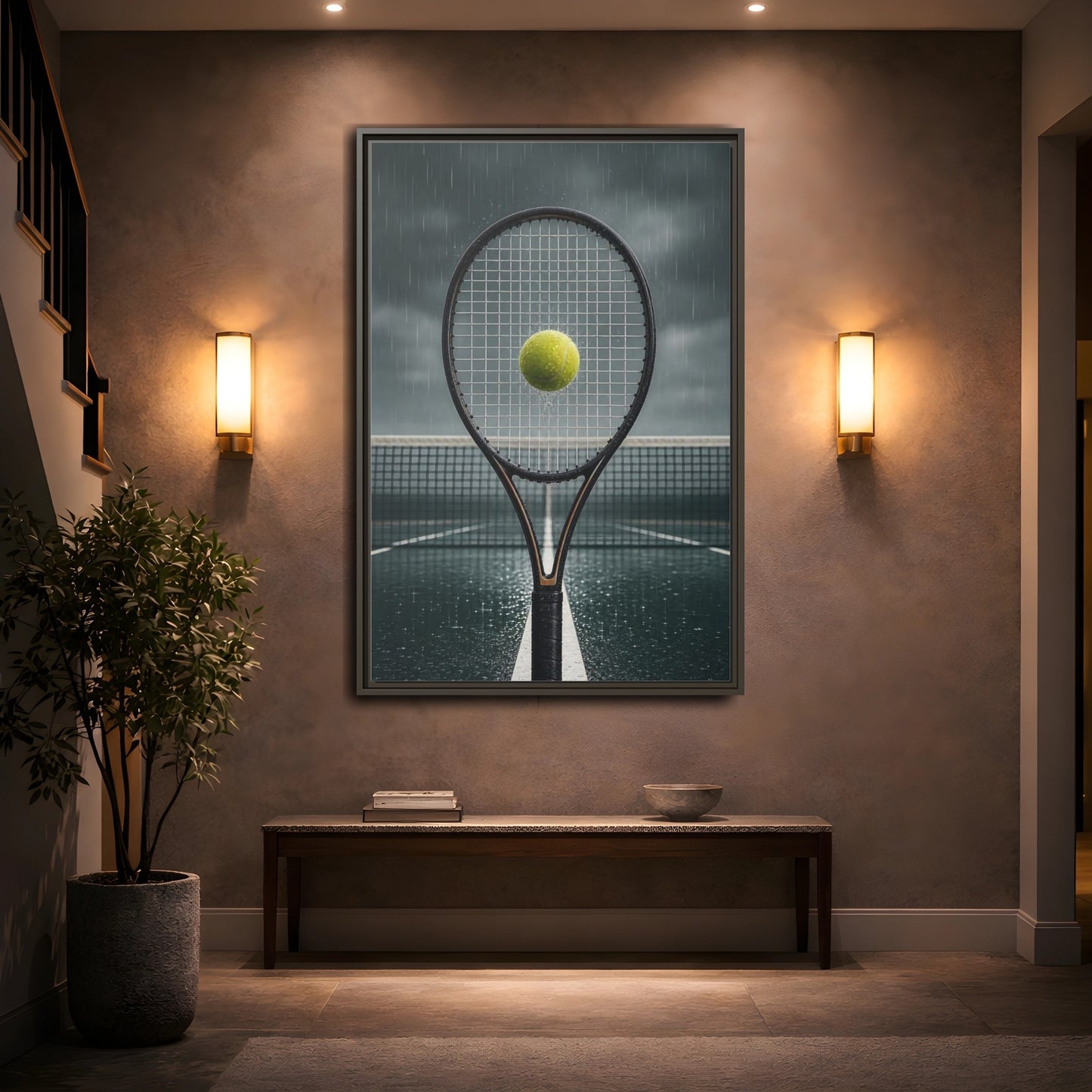 Mockup 2. Rainy Tennis Moment shown as framed canvas print