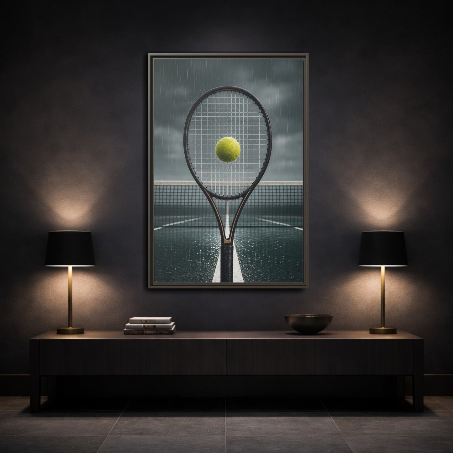 Mockup 3. Rainy Tennis Moment shown as framed canvas print