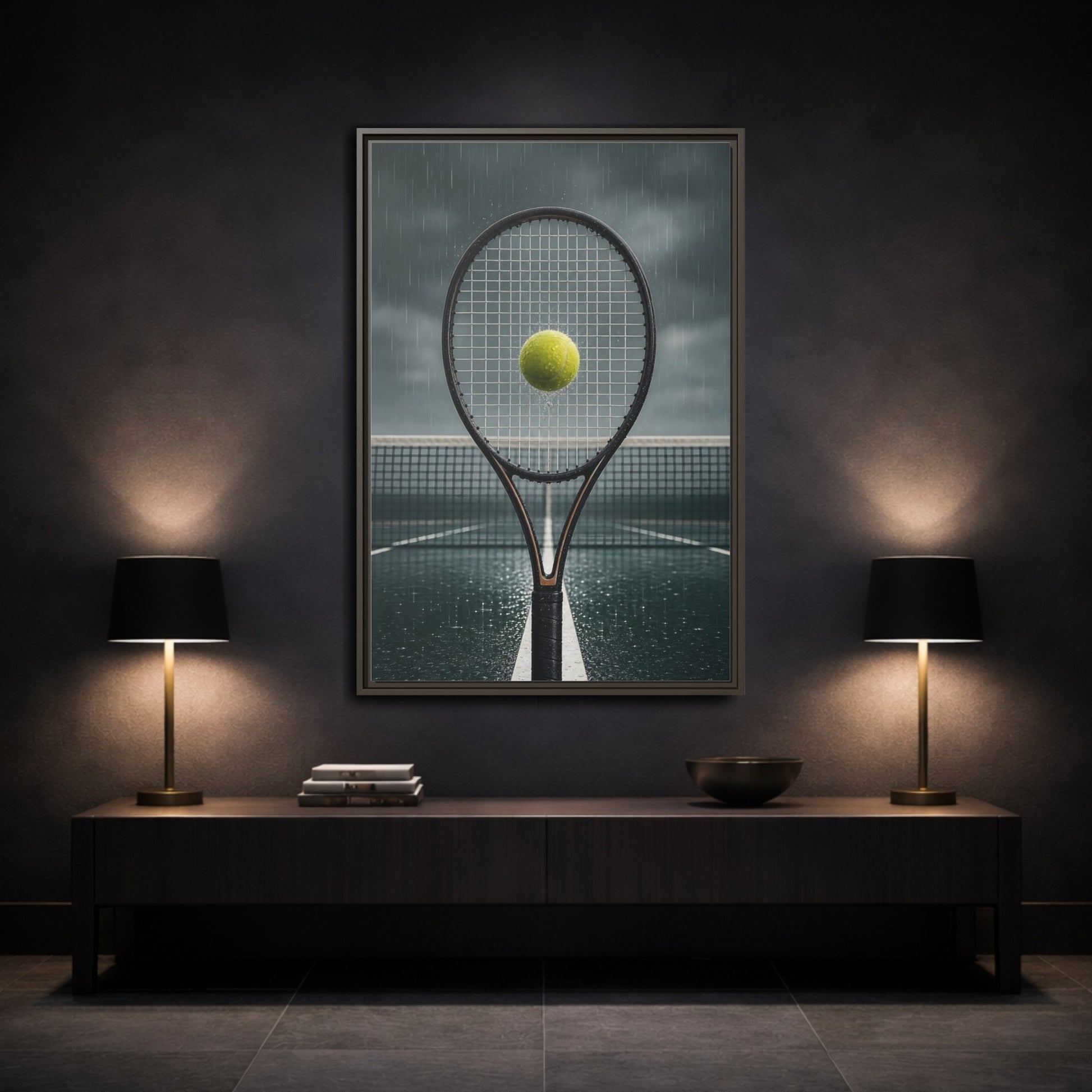 Mockup 3. Rainy Tennis Moment shown as framed canvas print