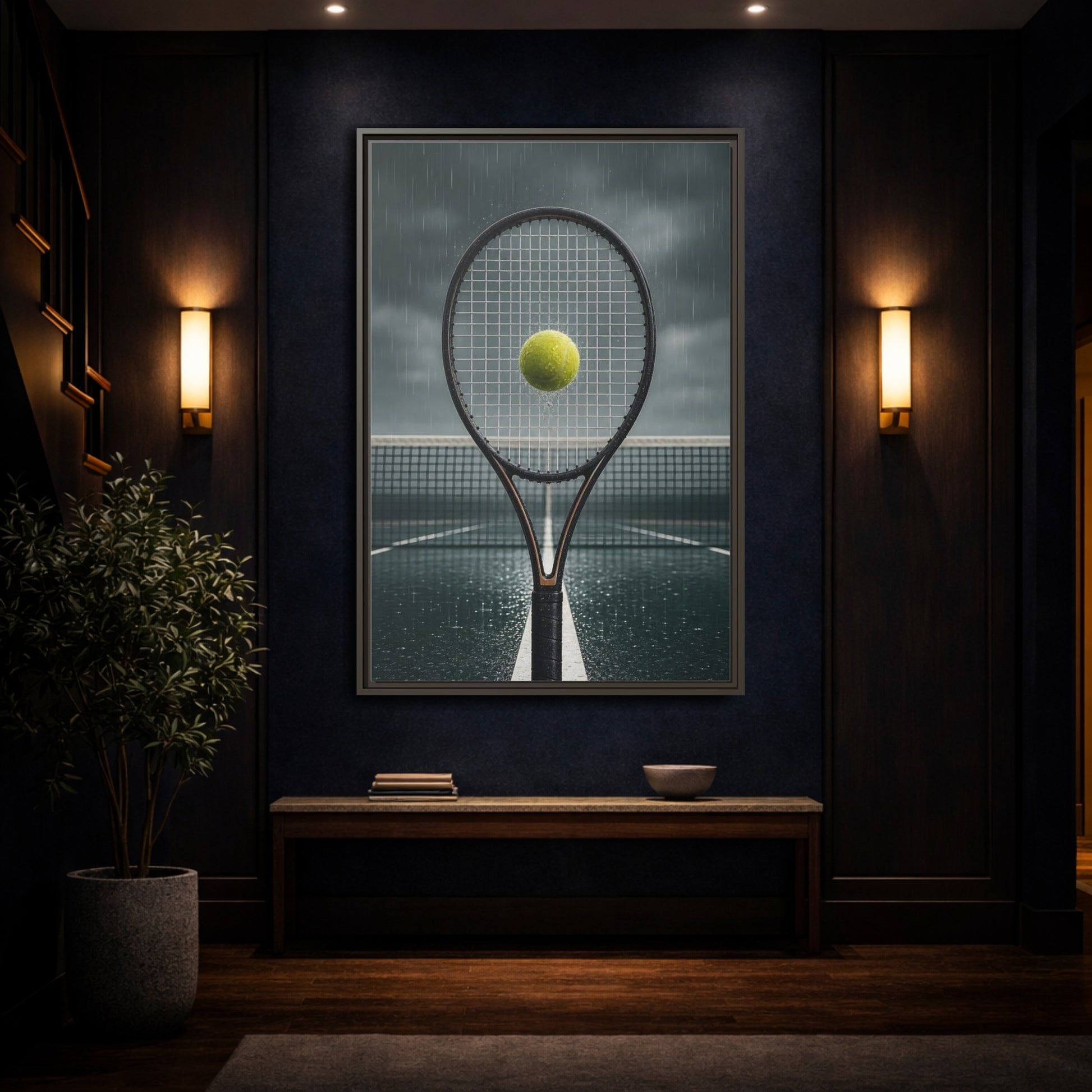 Mockup 4. Rainy Tennis Moment shown as framed canvas print