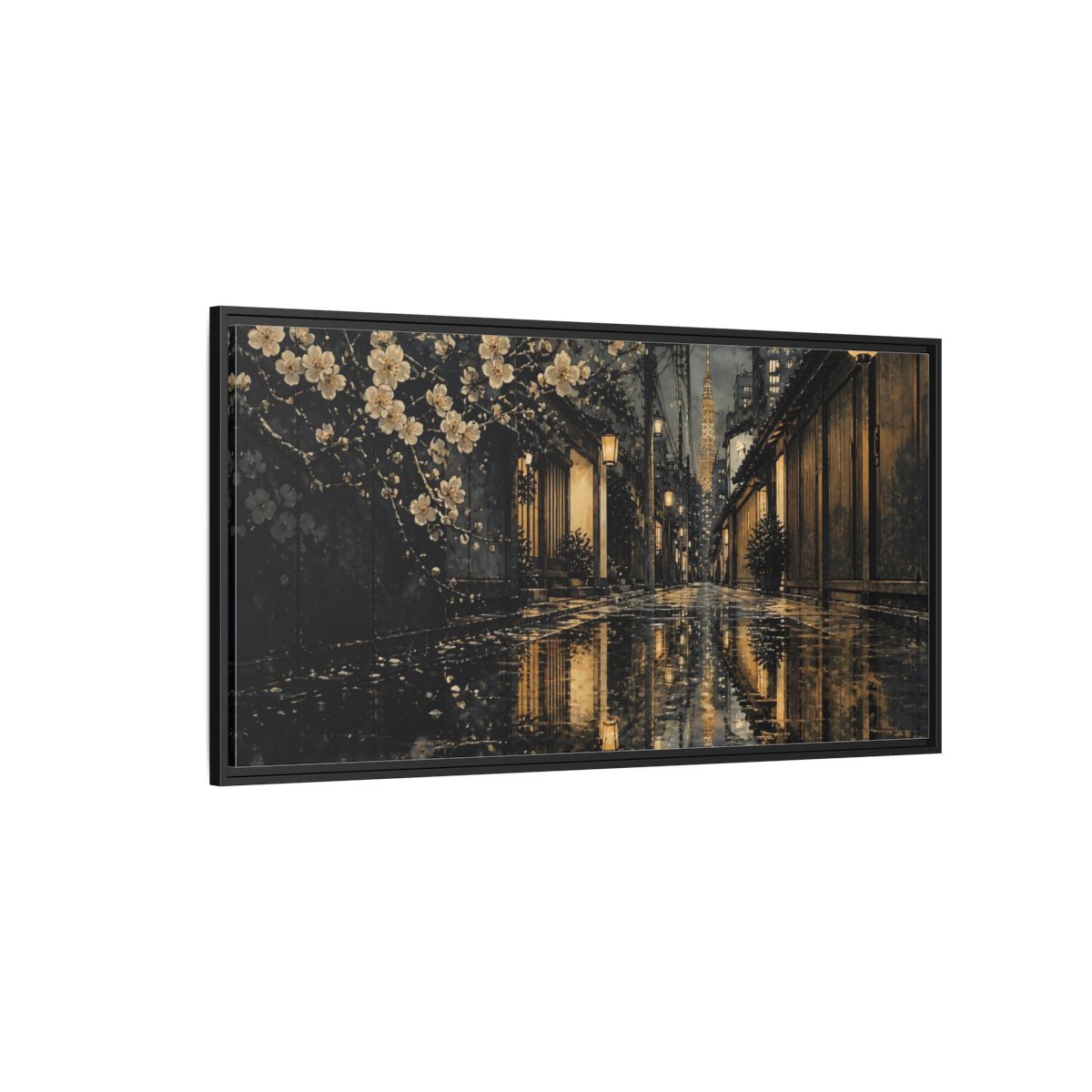 Side Mockup 5. Rainy Tokyo Cherry Blossom Alley shown as framed canvas print