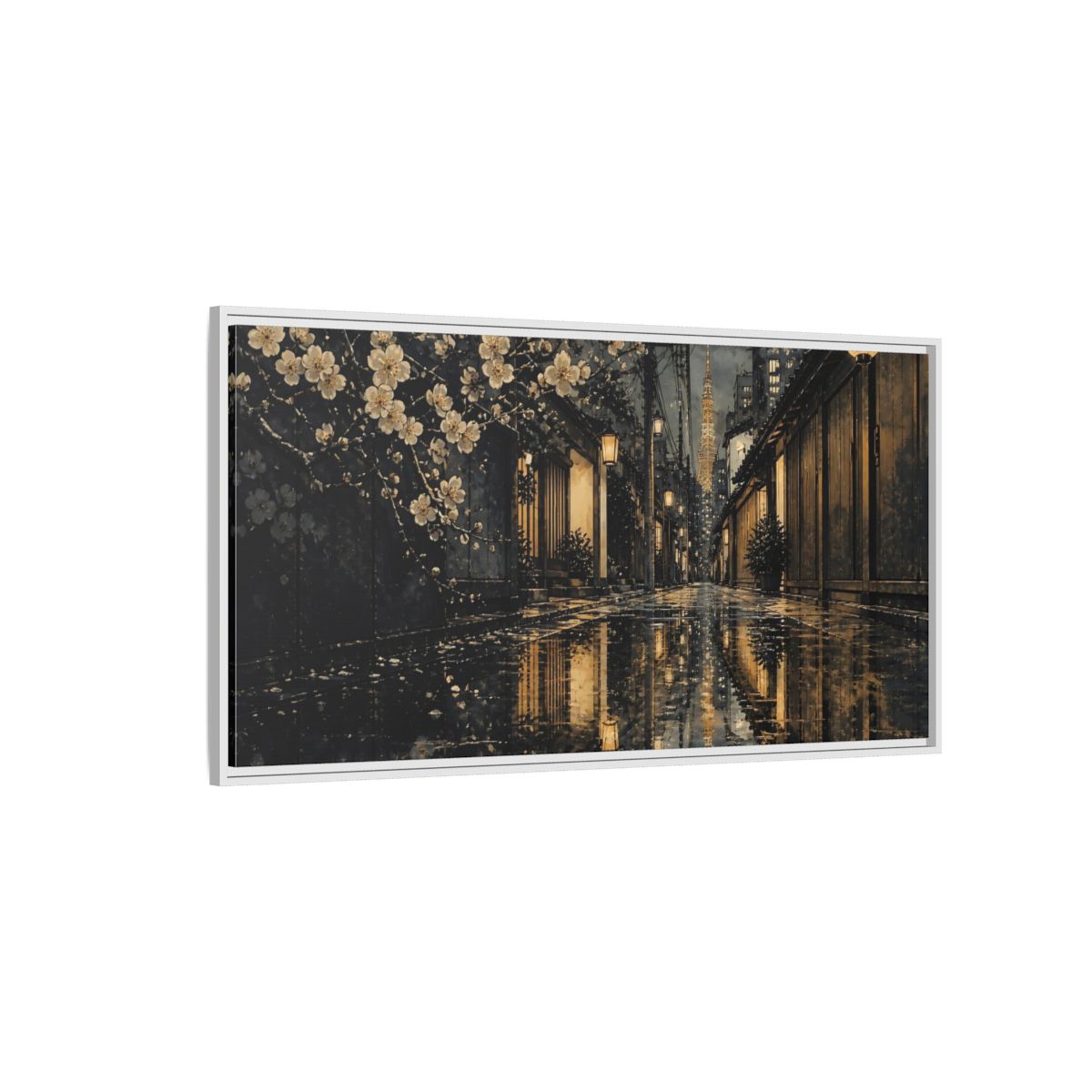 Side Mockup 3. Rainy Tokyo Cherry Blossom Alley shown as framed canvas print