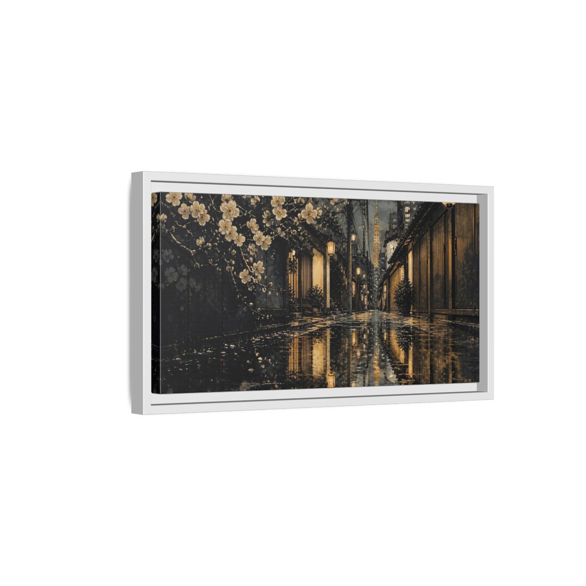 Side Mockup 6. Rainy Tokyo Cherry Blossom Alley shown as framed canvas print
