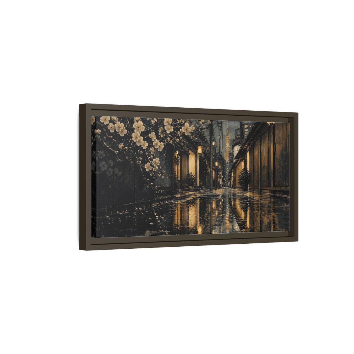 Side Mockup 7. Rainy Tokyo Cherry Blossom Alley shown as framed canvas print