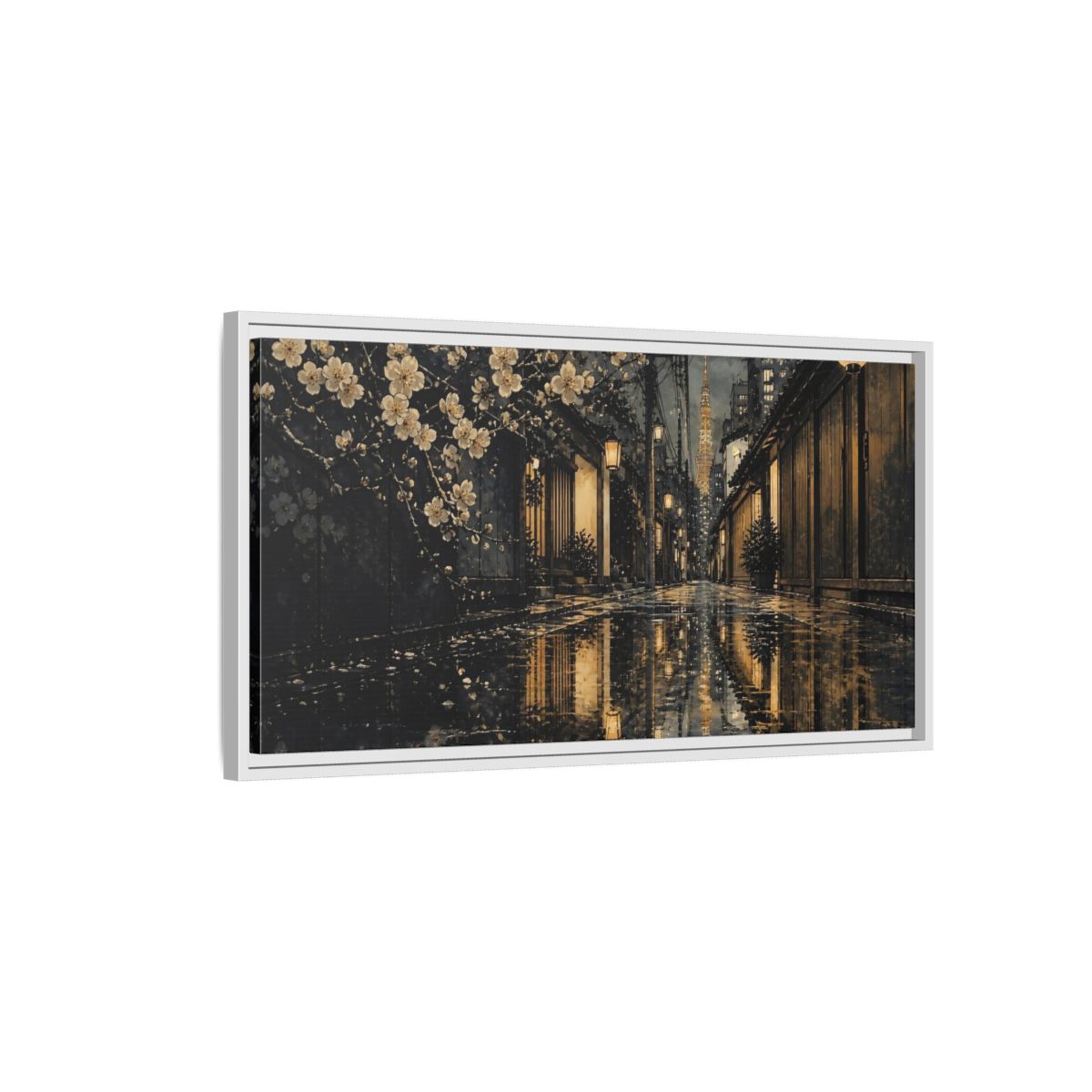 Side Mockup 1. Rainy Tokyo Cherry Blossom Alley shown as framed canvas print