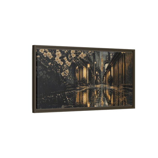 Main Mockup. Rainy Tokyo Cherry Blossom Alley shown as framed canvas print