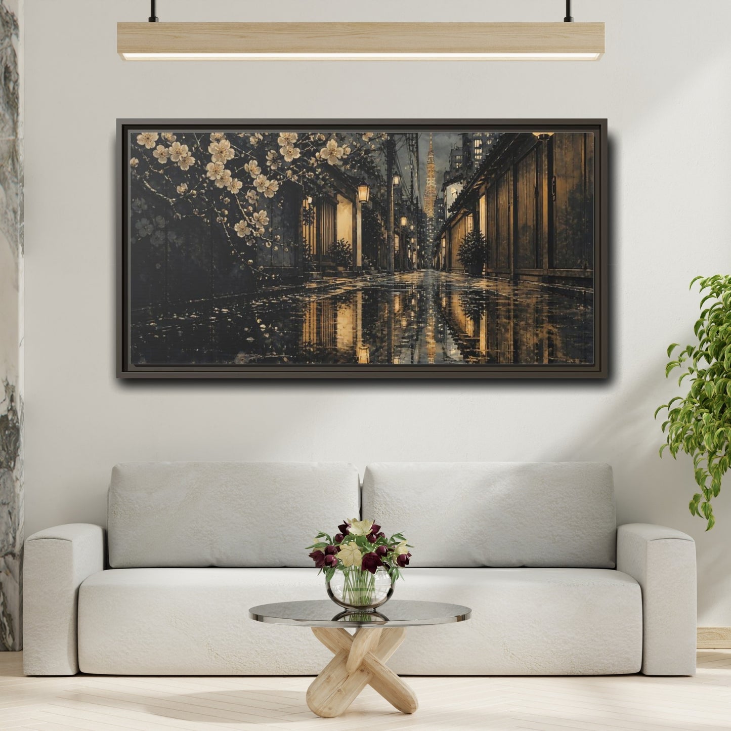 Mockup 2. Rainy Tokyo Cherry Blossom Alley shown as framed canvas print