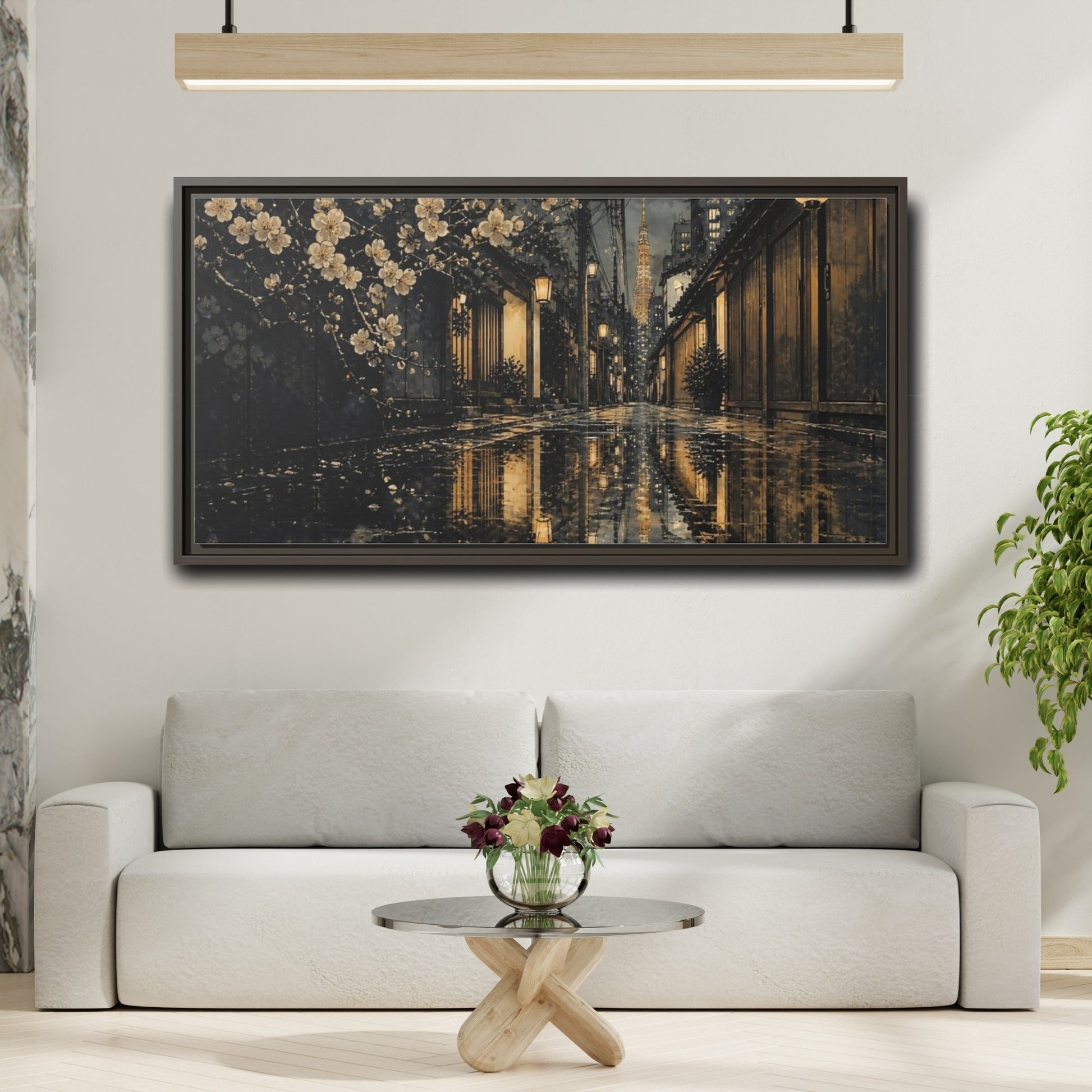 Mockup 2. Rainy Tokyo Cherry Blossom Alley shown as framed canvas print