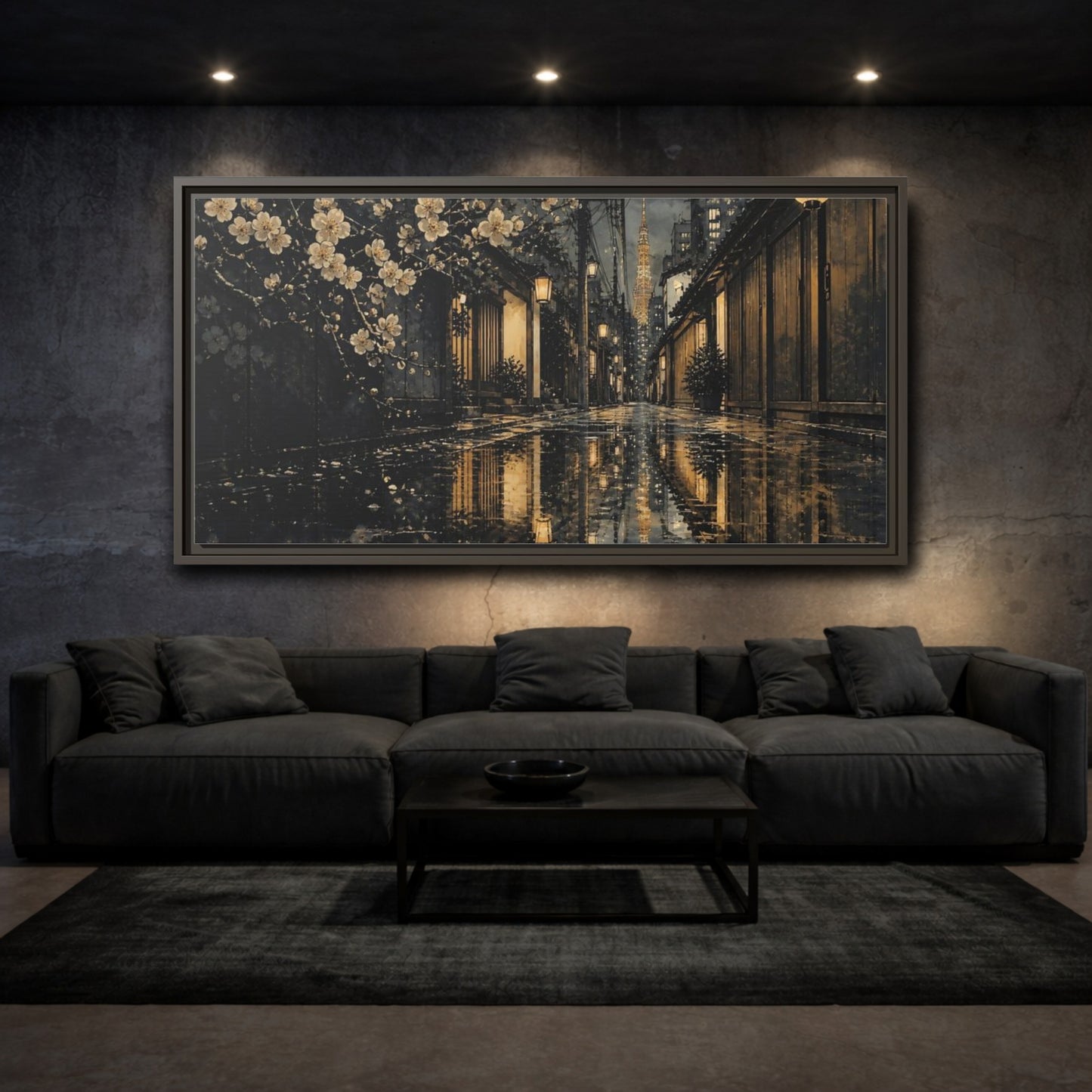 Mockup 3. Rainy Tokyo Cherry Blossom Alley shown as framed canvas print