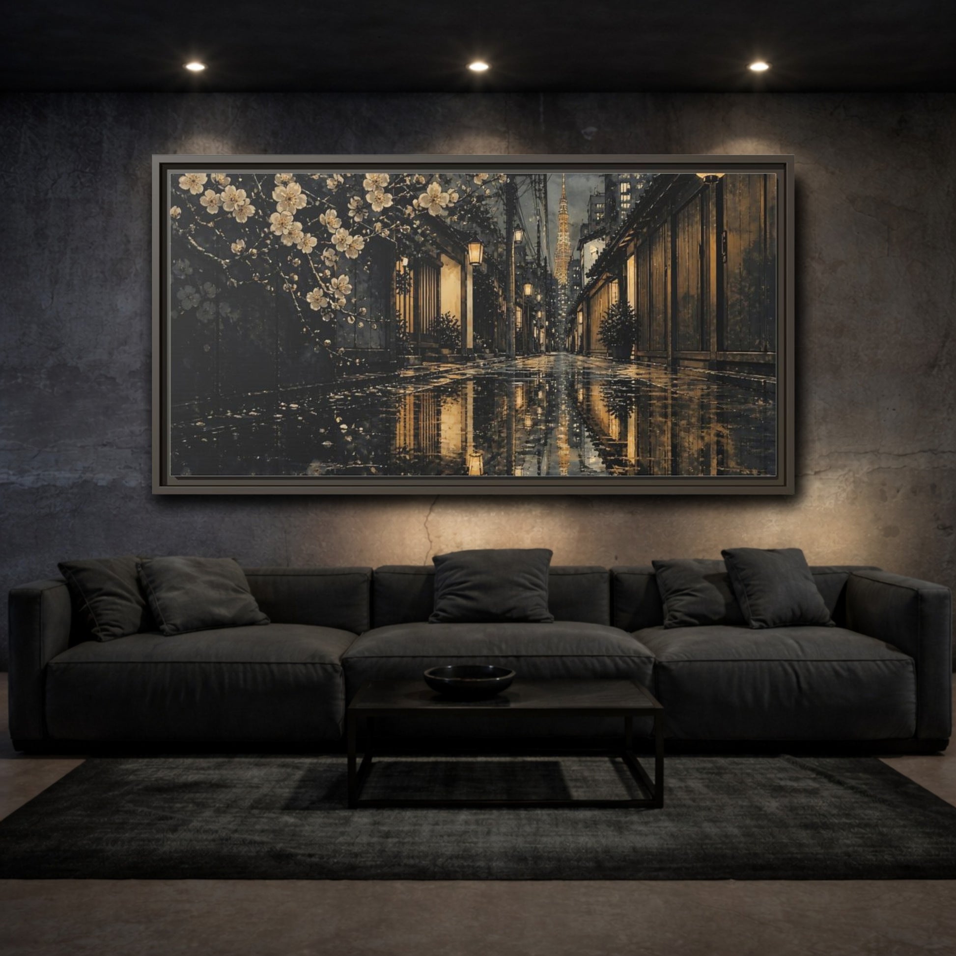 Mockup 3. Rainy Tokyo Cherry Blossom Alley shown as framed canvas print