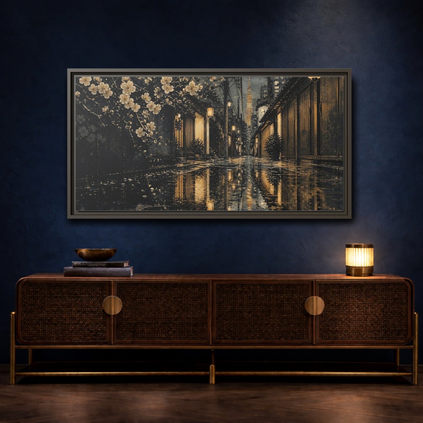 Mockup 4. Rainy Tokyo Cherry Blossom Alley shown as framed canvas print