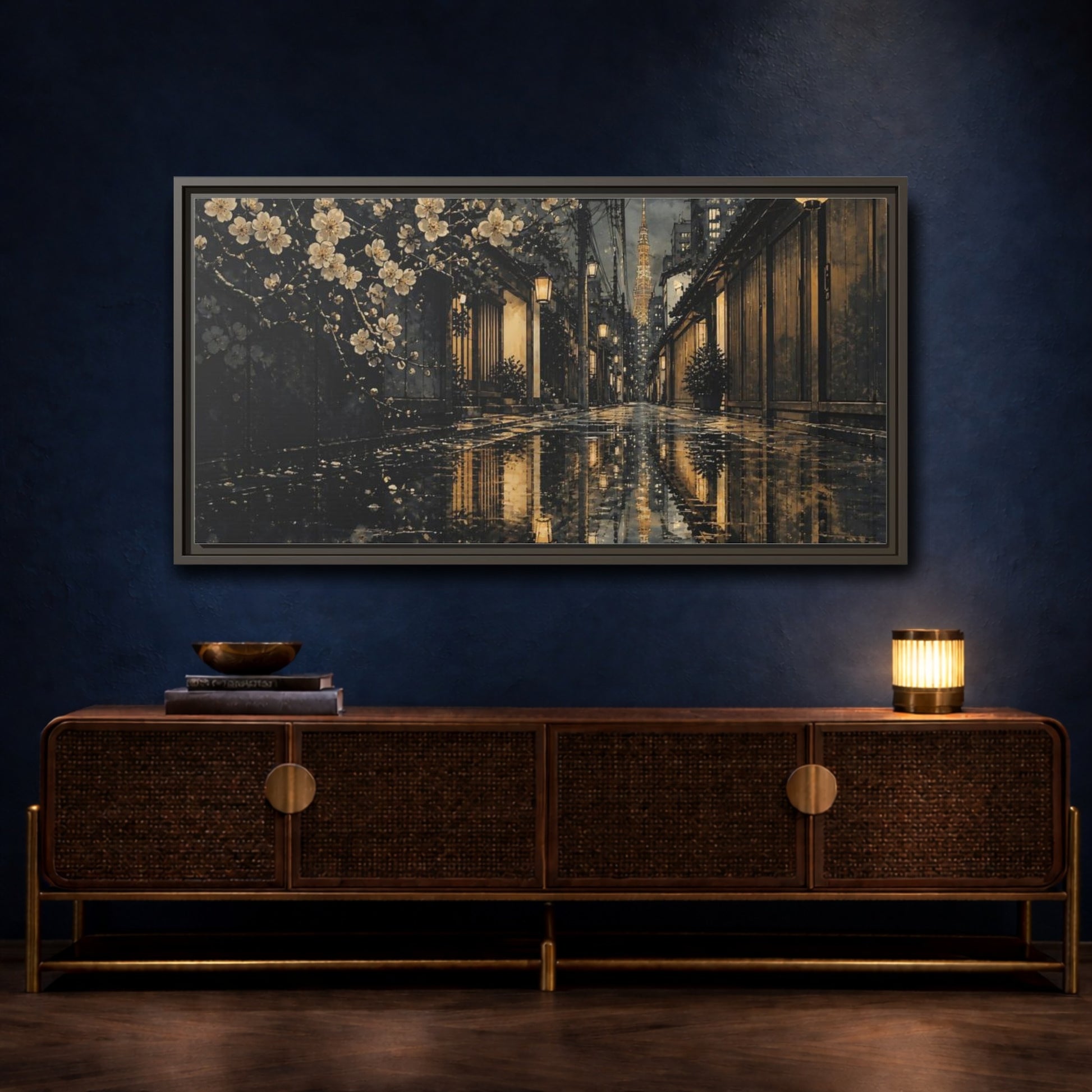 Mockup 4. Rainy Tokyo Cherry Blossom Alley shown as framed canvas print
