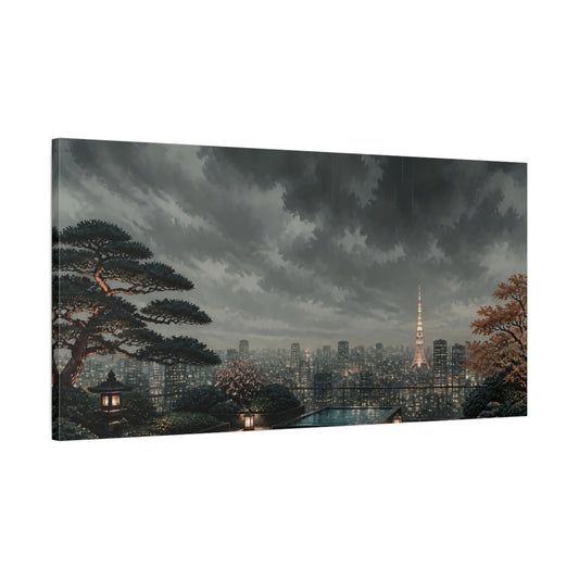 Main Mockup. Rainy Tokyo Rooftop Garden shown as canvas print