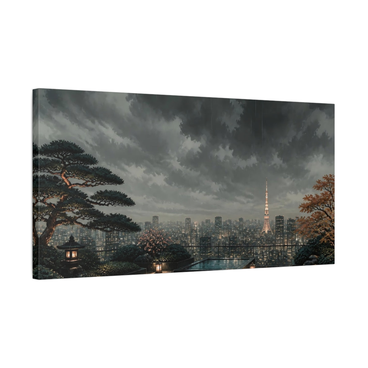 Side Mockup 1. Rainy Tokyo Rooftop Garden shown as canvas print